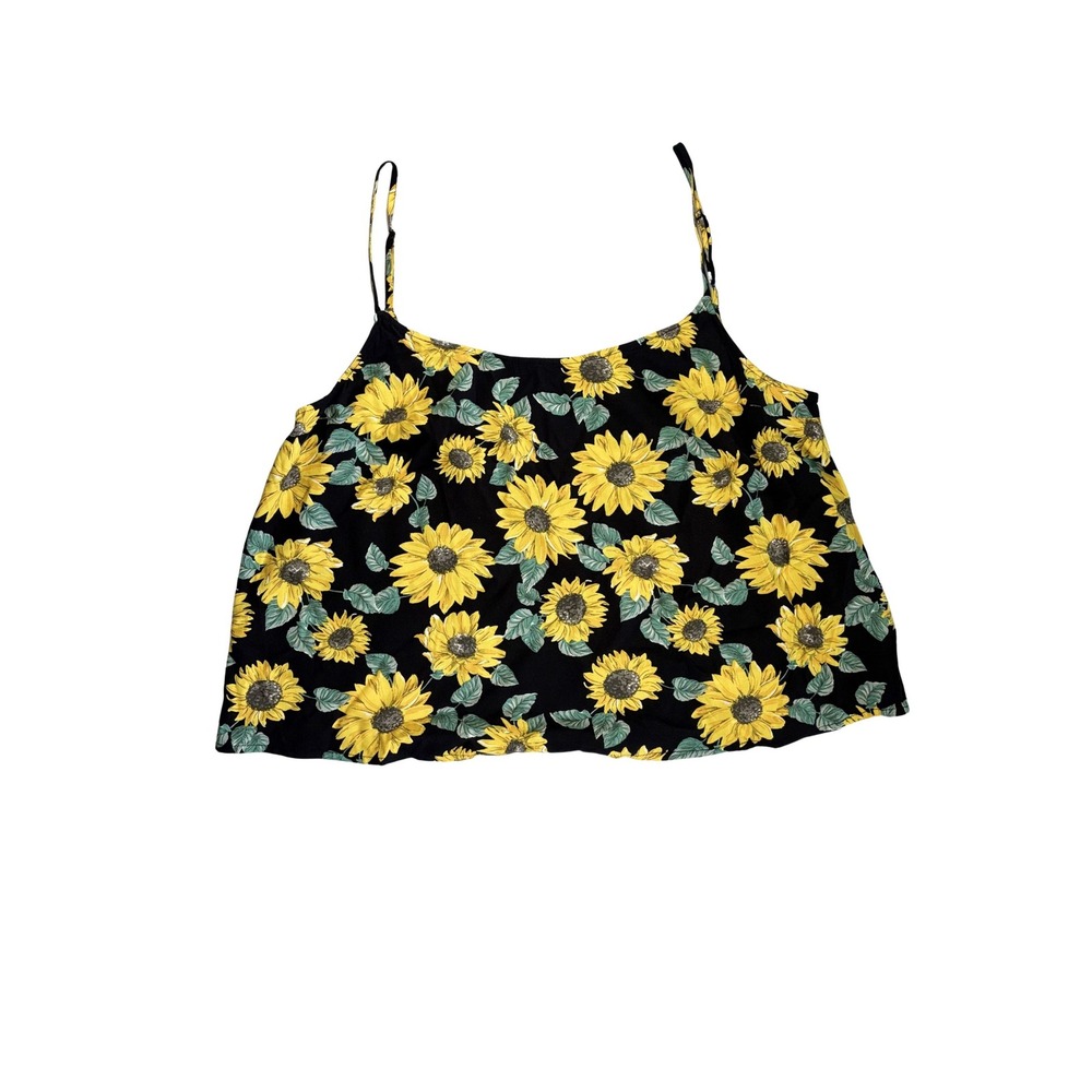 H&M Divided Sunflower Crop Cami Top Womens Large Black Yellow 90s Style Floral